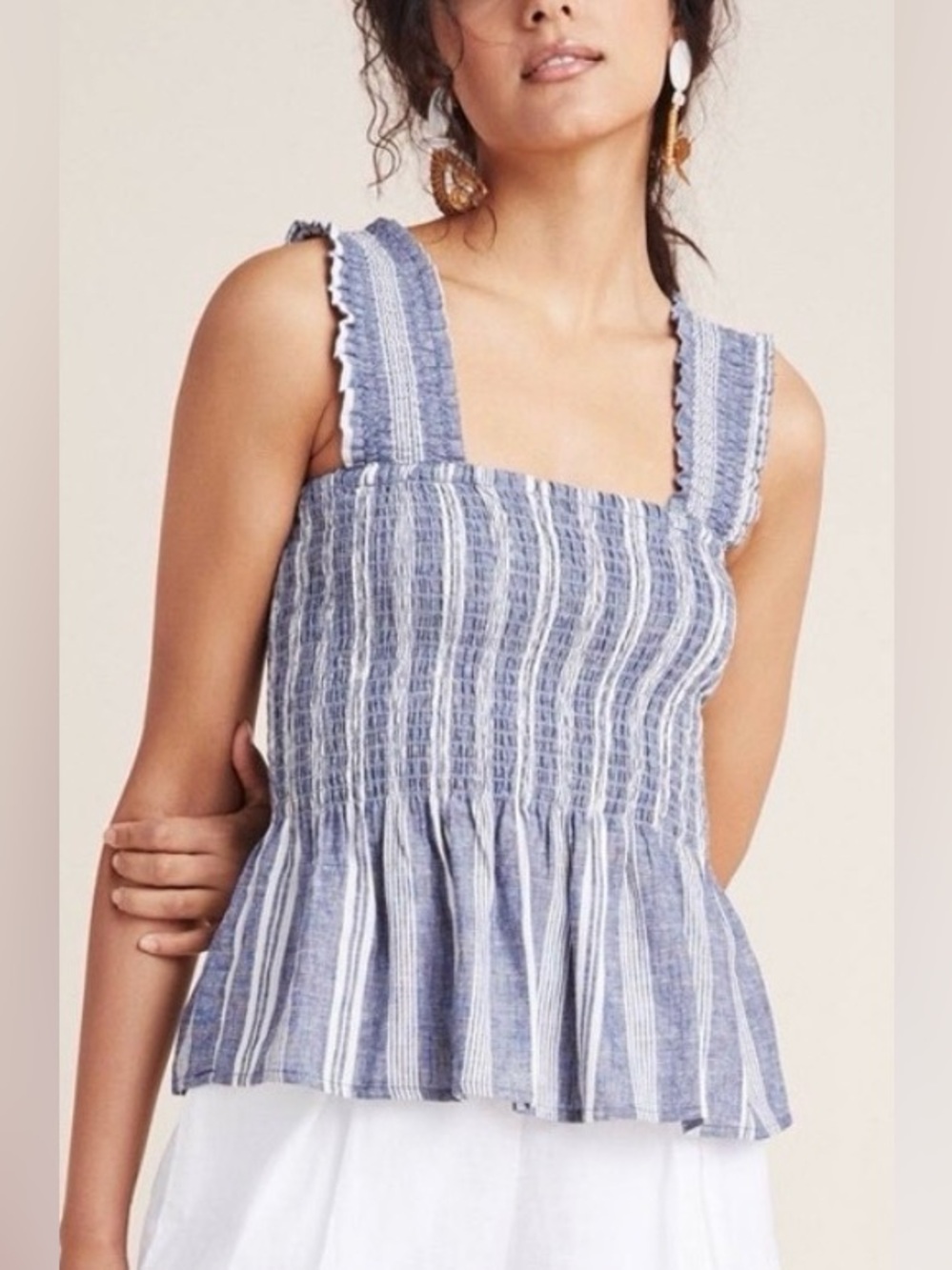 Anthropologie Maeve Schuyler Smocked Peplum Top NWT Navy White Smocked XL
